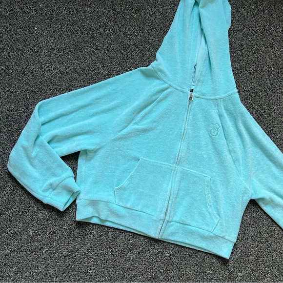 Victoria’s Secret Tourquoise Blue Green Cropped Zip-Up Sweater Terry Cloth Sz XS - Picture 8 of 16